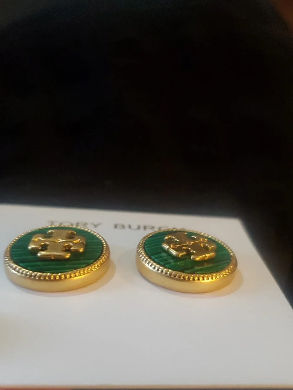 Tory Burch Green Enamel and Gold Logo Button Earrings